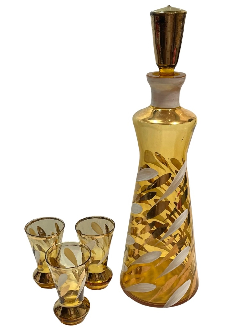 Vintage 1970s Bohemian Crystal Decanter Czech Genie Bottle, Matching Glasses (3)